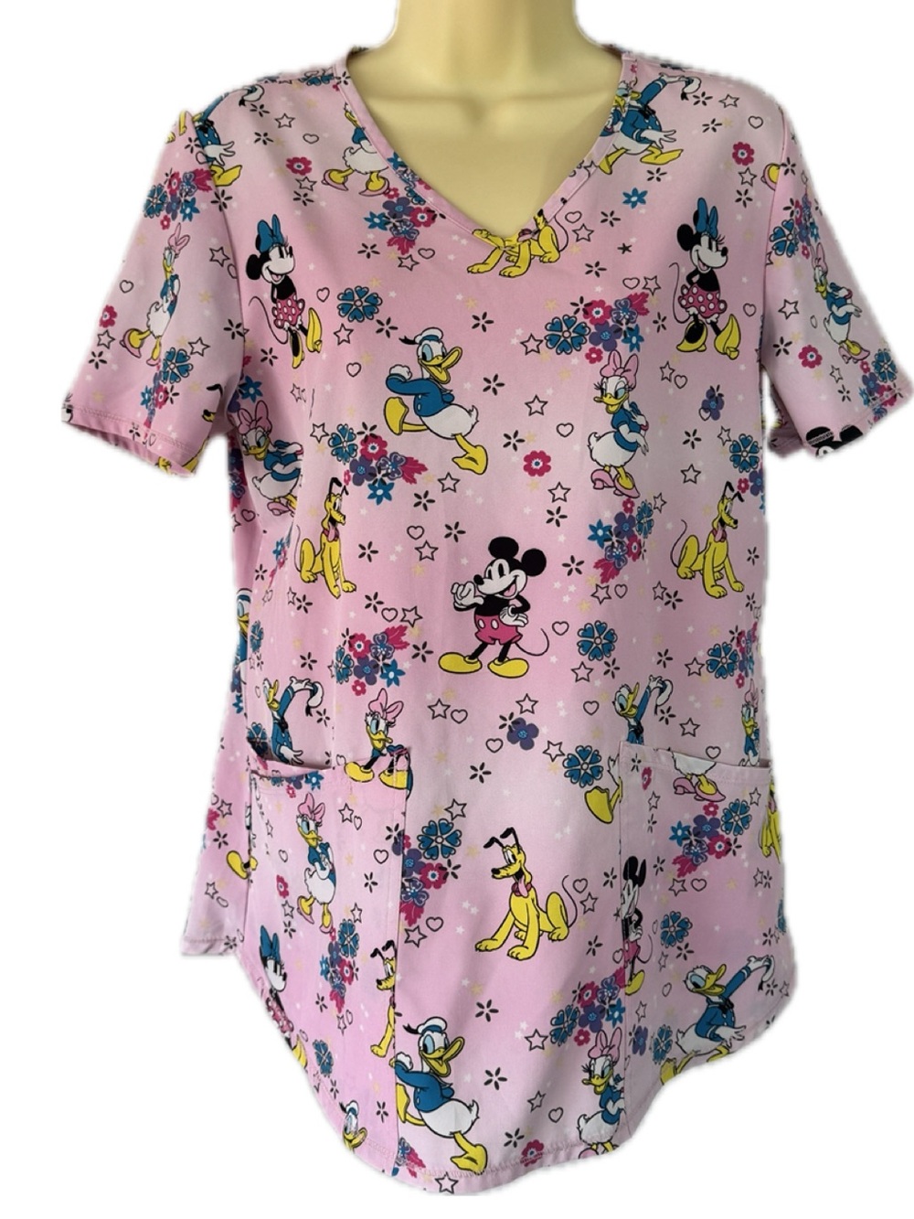 Disney Pink Tie-Dye Mickey Minnie Friends Scrub Top Small? Medical Uniform Nurse